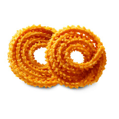 Indian Traditional homemade Tea Time Snack Chakli or chakri a spiral ring shaped crispy deep fried Diwali snack also  known in india as Chakali, Murukku, cutout in transparent background, png format  
