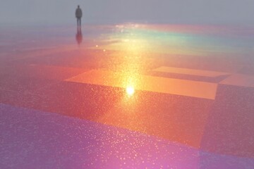 Shimmering surface reflects vibrant hues under soft light, creating dreamlike atmosphere