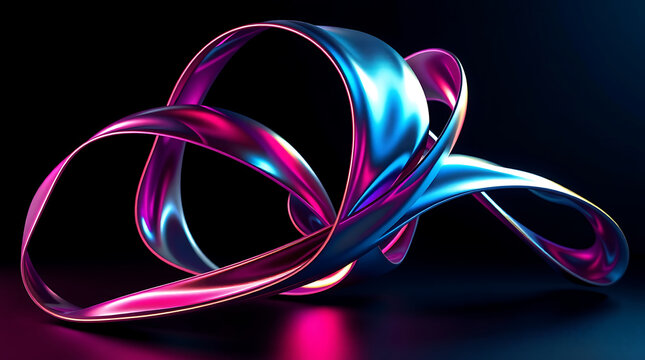 Abstract Chrome Ribbon Sculpture With Pink And Blue Reflections - Powered by Adobe