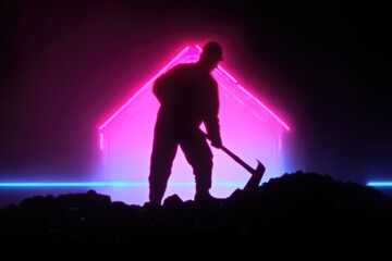 Silhouette of worker with pickaxe against vibrant neon house background