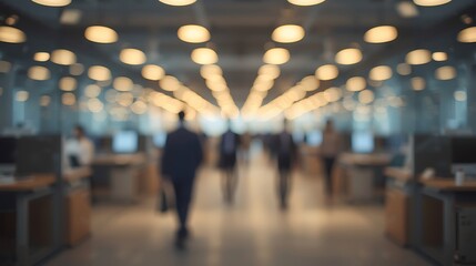 Fototapeta premium Blurred view of office space with people walking and lights overhead in a modern business setting