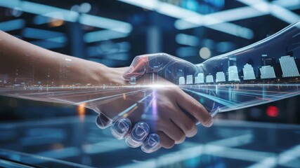 Successful handshake between human and AI with cityscape overlay representing future tech - Powered by Adobe