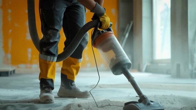 A worker uses an industrial vacuum cleaner on a construction site. Demonstration of cleaning, repair, and construction processes, safety instructions, advertising of construction equipment, and traini
