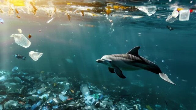 A dolphin swims among plastic waste in a polluted ocean. Illustration of environmental issues, water pollution, articles on environmental protection, presentations on sustainable development, educatio
