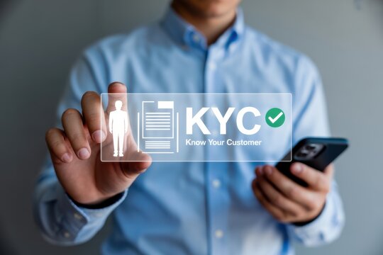 Man touches kyc know your customer verification on screen
