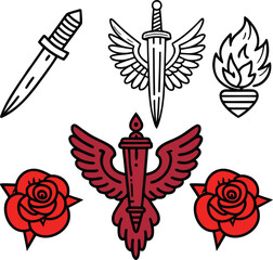 Tattoo Design Vector Set with Wings Hearts Birds and Tribal Symbols