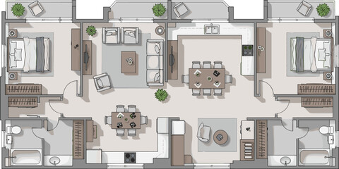 Dual-living apartment floor plan, mirrored residential layout, interior design blueprint, two bedrooms, kitchens, bathrooms, living rooms, central shared space