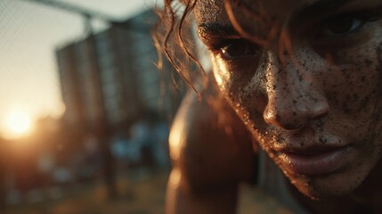 Close-up of a determined woman doing push-ups outdoors.