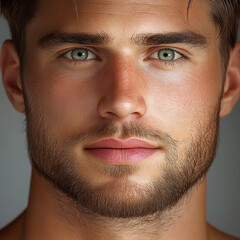 Obraz premium Close up portrait of young man with green eyes, medium length wavy hair, natural beard