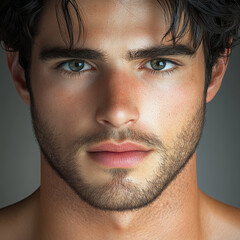 Obraz premium Close up male face with thick curly black hair, stubble beard, intense expression