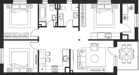 Three-bedroom apartment layout, modern residential floor plan, interior design blueprint, living room, kitchen, dining area, bathrooms, hallway, architecture