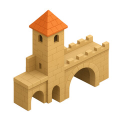 STYLE Icon 3D render, Isometric style of Bridge Gatehouse &ndash; A gatehouse for an ancient bridge with a small watchtower isolated on a transparent background
