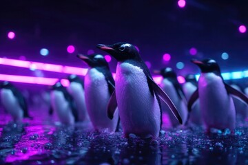 Illuminated penguins in vibrant colors create lively, surreal atmosphere