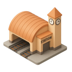 STYLE Icon 3D render, Isometric style of Train Station &ndash; Arched roof, platforms, clock tower. isolated on a transparent background