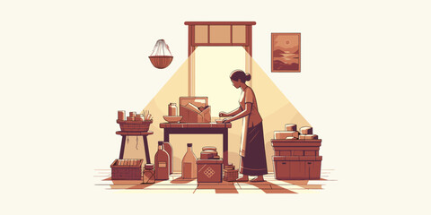 A dedicated female entrepreneur carefully prepares handmade goods in her cozy home workshop for her small business