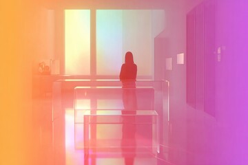 Silhouette stands in vibrant hues, creating an ethereal atmosphere and depth