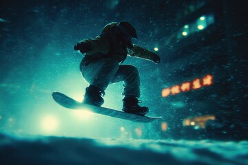 Snowboarder leaps through illuminated urban landscape, capturing dynamic motion and thrill