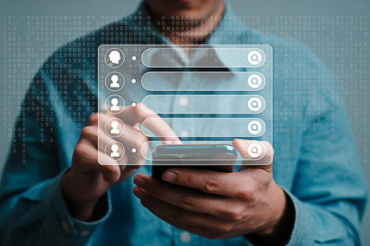 Mobile search app man using smartphone for online search social network connection interface design