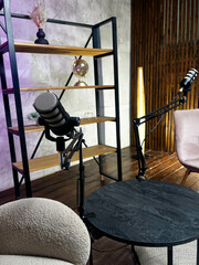 Bright podcasting studio setup with two microphones and modern decor elements for engaging conversations