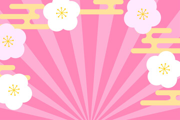 和風の梅模様と赤背景の華やかな正月セール用イラスト　ピンク