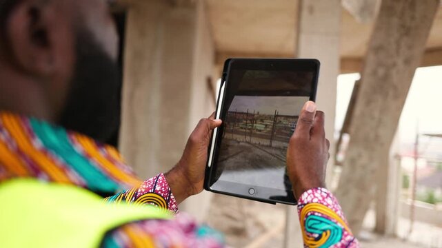 African architect wearing a hard hat and safety vest uses a smart tablet to capture photos of an ongoing construction project at a building site