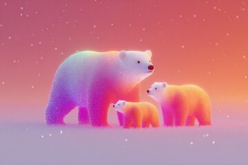 Gentle polar bears stand together, glowing softly against pastel sunset backdrop