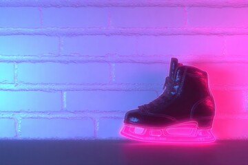 Unique ice skate illuminated with vibrant pink and blue lights against wall