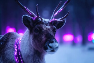 Illuminated reindeer stands in snowy landscape, vibrant purple lights enhance enchantment