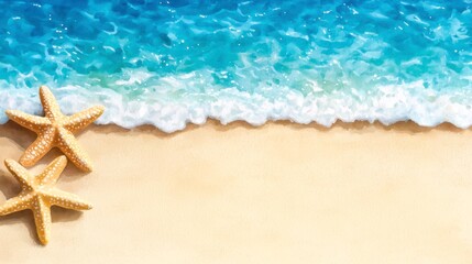 Tranquil beach scene with starfish, turquoise water, and sandy shore in bright sunlight
