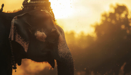 Decorated elephant in golden sunset light, traditional festival scene with glowing dust particles in the air