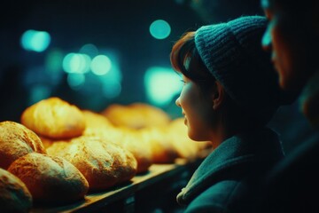 Warm glow of freshly baked bread illuminates faces, creating cozy atmosphere