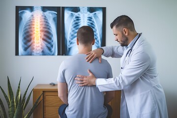 Obraz premium Chiropractor examining a patient's back with x-rays visible in the background, indicating a focus on spinal health and diagnosis for potential issues.