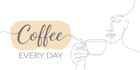 "coffee every day", continuous line art with a woman drinking coffee. minimalist, aesthetic, cafe vector logo