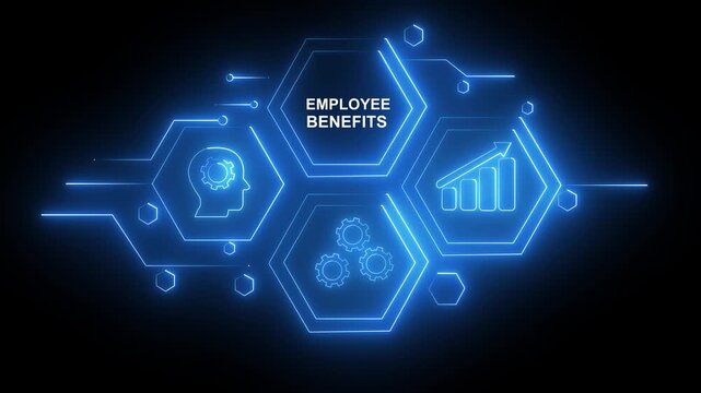 Abstract neon Hud knowledge ability business gear icon Glowing neon line concept. Glowing "EMPLOYEE BENEFITS" button in German on a futuristic, abstract wave technology on black background.