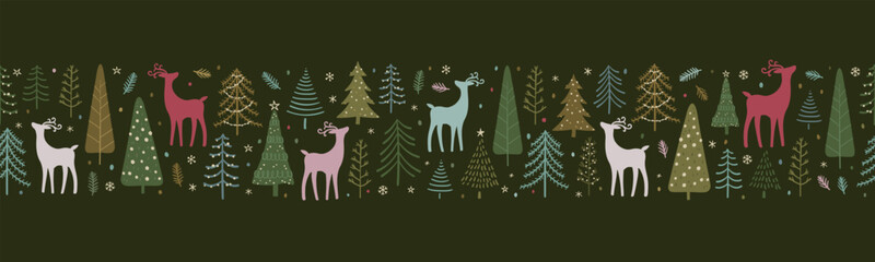 Beautiful christmas seamless pattern with deer and trees - hand drawn and detailed, great for christmas textiles, banners, wrappers, wallpapers - vector surface design