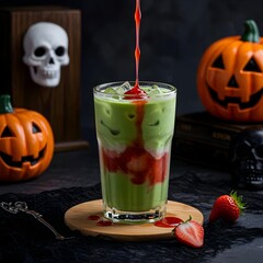 Matcha Latte Strawberry in a Halloween theme