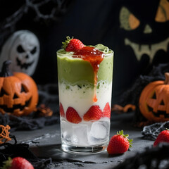 Matcha Latte Strawberry in a Halloween theme