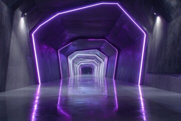 A futuristic tunnel with bright neon lights casting a purple glow. The tunnel has a modern design with geometric shapes and a glossy floor that reflects the lights
