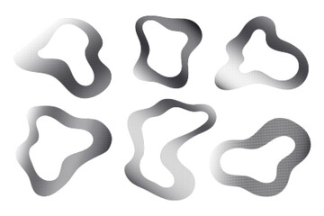 Set of abstract wavy shapes with halftone gradient texture. Suitable for modern posters, branding visuals, motion graphics, digital artwork, and futuristic design compositions.