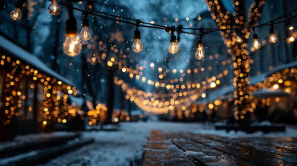 雪の夜に輝く灯りと冬のストリート