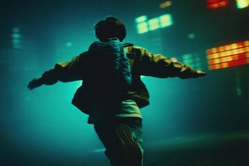 Silhouette of person joyfully embracing neon lights, vibrant colors, urban energy