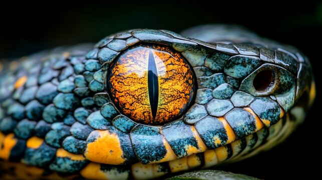 Snake close-up scales, eye detail, focused reptile portrait with vivid colors