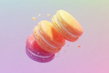 Colorful macarons stacked elegantly, shimmering with glossy finish, on soft gradient background