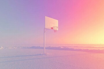 Basketball hoop stands alone on serene beach, bathed in pastel sunset hues