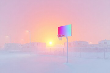 Basketball hoop stands alone in snowy landscape, illuminated by soft sunrise hues
