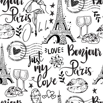 Fashion seamless pattern. pattern with original calligraphic fonts, sketch Eiffel Tower and lips. for  fashion clothes, t shirt, child, wrapping paper. Creative girlish design  . Black and white 