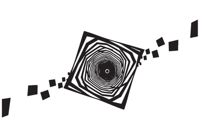 Dynamic Abstract Monochrome Geometric Vortex with Spiraling Shapes and Scattered Elements