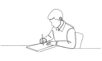 Continuous Line Drawing of a Student Writing at a Desk