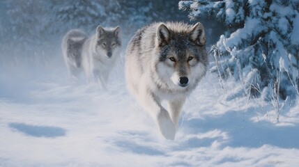 Obraz premium A pack of wolves led by a focused individual navigates a snowy forest landscape during a cold winter day showcasing their wild nature