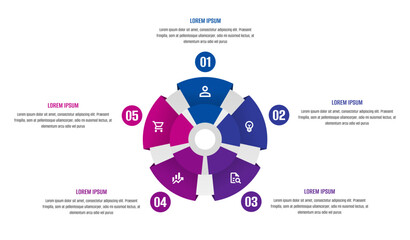 Five items infographic. 5 steps infographic. Modern infographic template. Best infographic template with circles style.. Infographic with 5 colors and items.